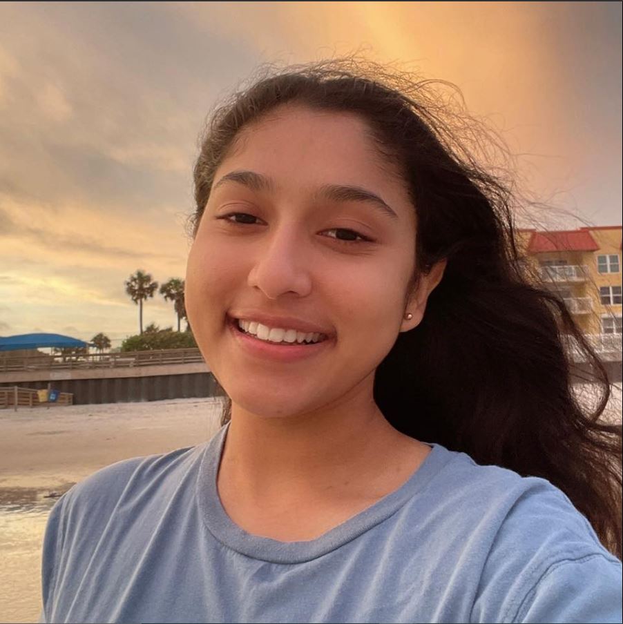 Kyra TechGirl at the beach at sunset with a building and a palm tree in the background