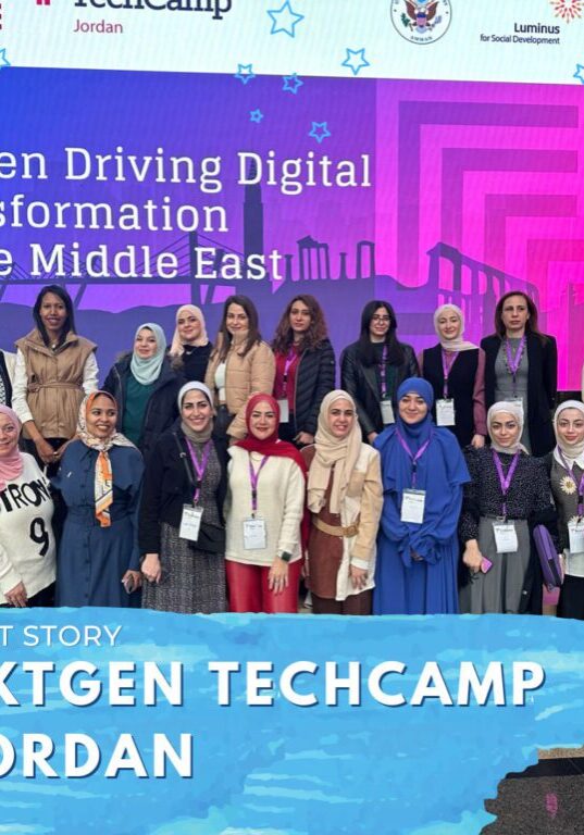 TechGirls and TechWomen standing in front of NextGen TechCamp banner in Jordan